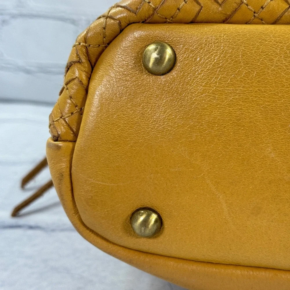 Patricia Nash Maissana Hobo Woven Leather Shoulder Bag Mustard Tassel Purse